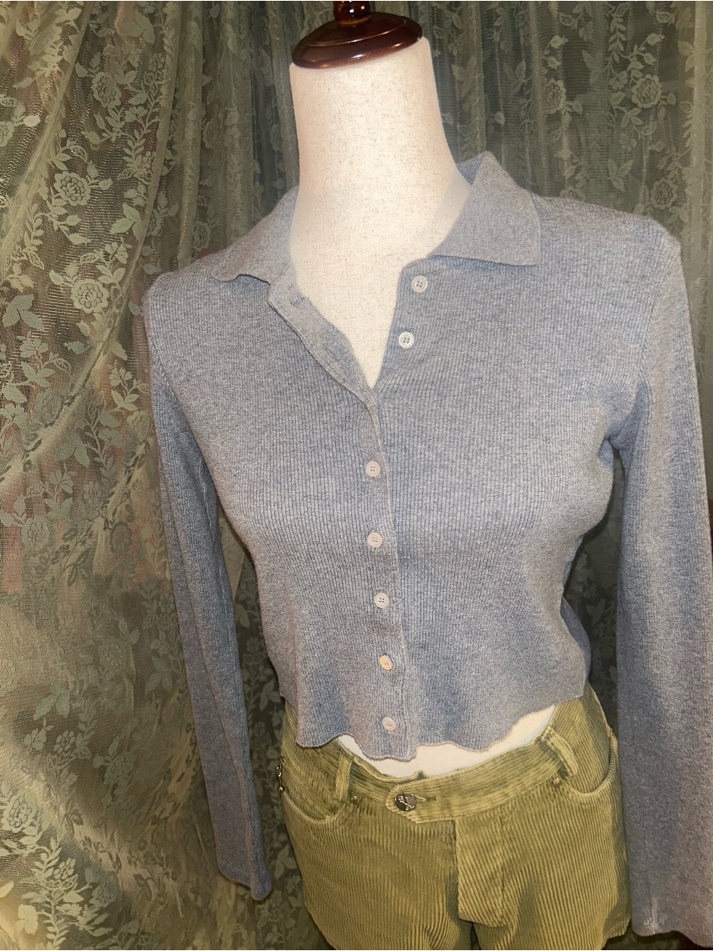 J Galt Light Gray Ribbed Button-Front Cropped Polo Top 100% Cotton